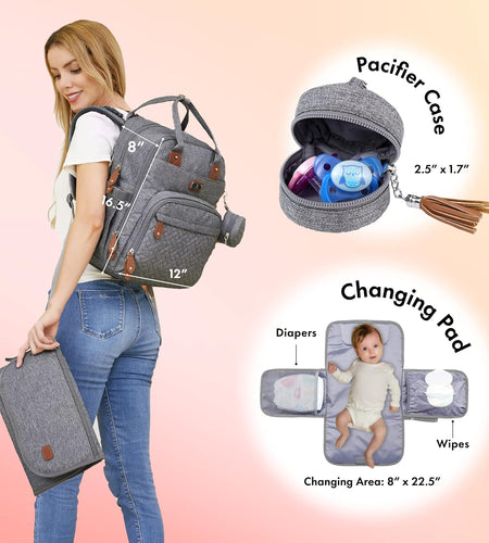 Diaper Bag Backpack with Portable Changing Pad, Pacifier Case and Stroller Straps, Large Unisex Baby Bags for Boys Girls, Multipurpose Travel Back Pack for Moms Dads, Gray