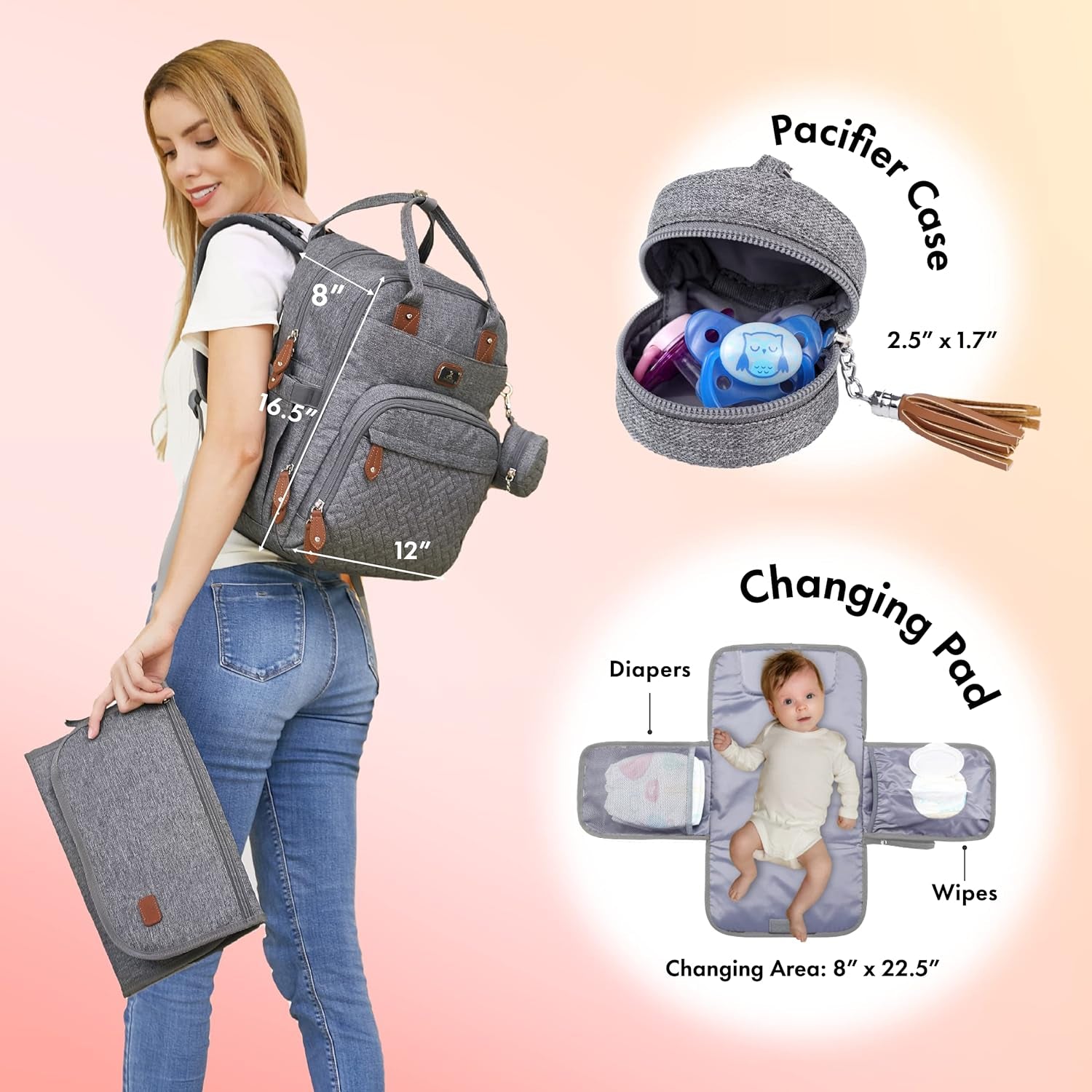 Diaper Bag Backpack with Portable Changing Pad, Pacifier Case and Stroller Straps, Large Unisex Baby Bags for Boys Girls, Multipurpose Travel Back Pack for Moms Dads, Gray
