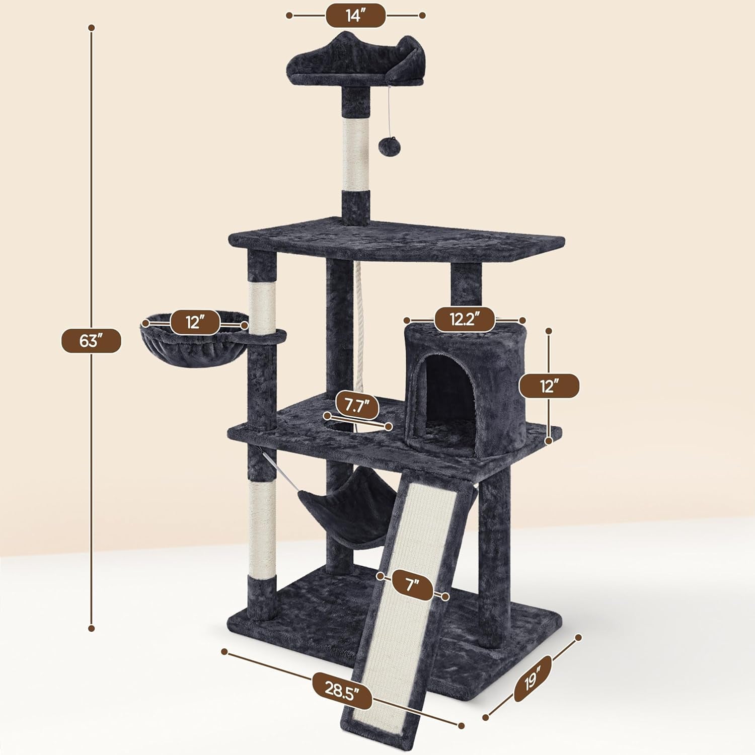 62In Multi-Level Cat Tree Tower Condo with Scratching Posts, Removable Platform & Hammock, Cat Activity Center Play Furniture for Kittens, Cats, and Pets