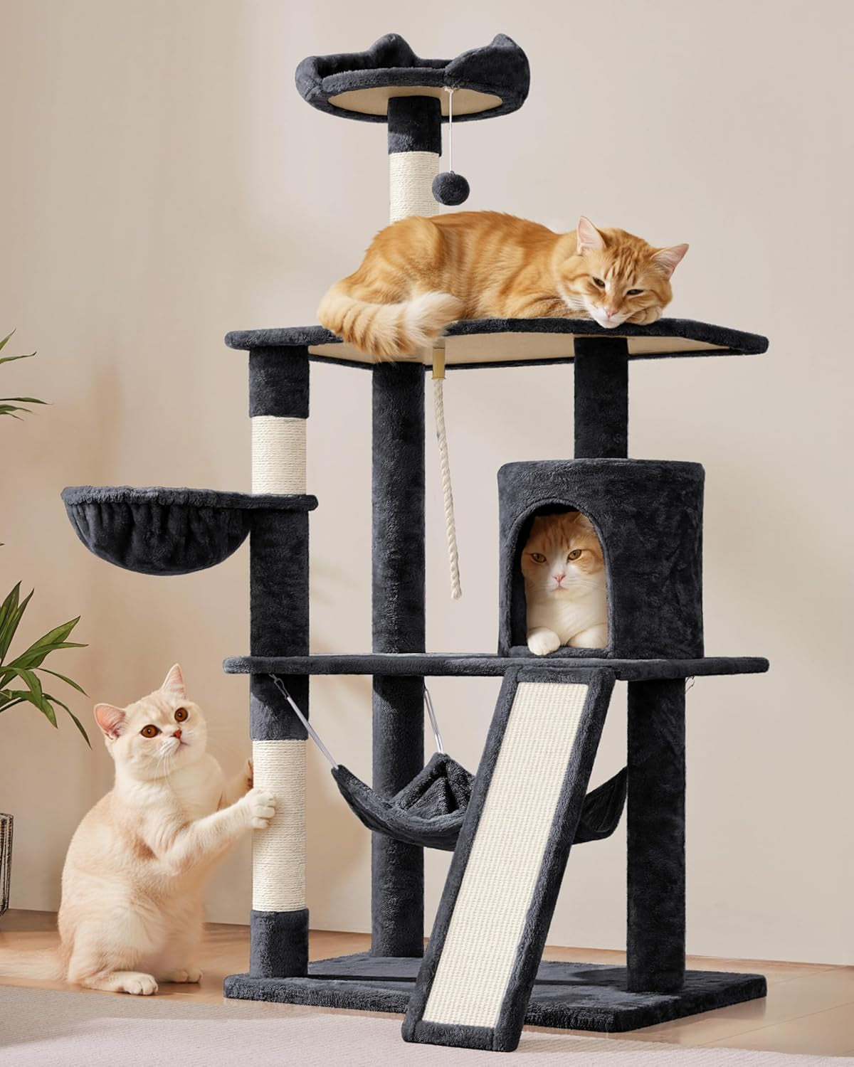 62In Multi-Level Cat Tree Tower Condo with Scratching Posts, Removable Platform & Hammock, Cat Activity Center Play Furniture for Kittens, Cats, and Pets